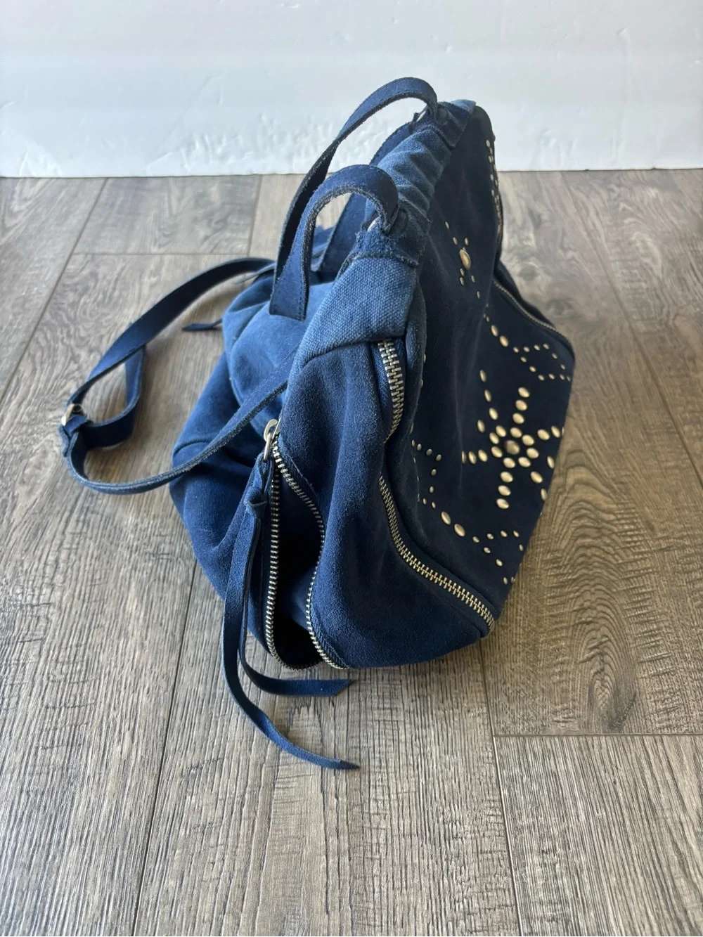 Free People Navy Studded Suede like Backpack